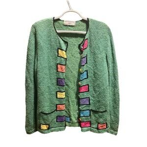 Vintage 90s South Cotton Light Green Boucle Cardigan Colorful Patchwork M/L